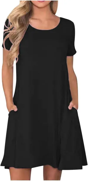 Tshirts Dress for Women with Pocket Short Sleeve T Shirt Dress Beach Mini Sundress Knee Length Csasual Cover Ups