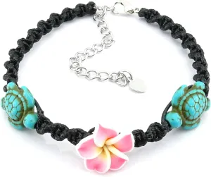 Turquoise Turtle Hemp Style Bracelet or Anklet - Pink Frangipani Flowers Hawaiian Bracelet - Adjustable