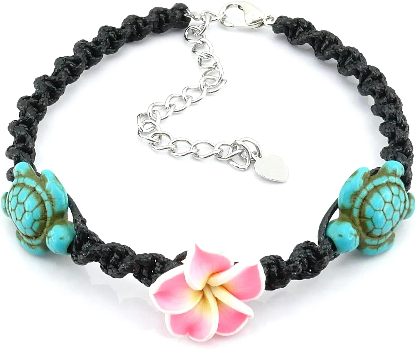 Turquoise Turtle Hemp Style Bracelet or Anklet - Pink Frangipani Flowers Hawaiian Bracelet - Adjustable