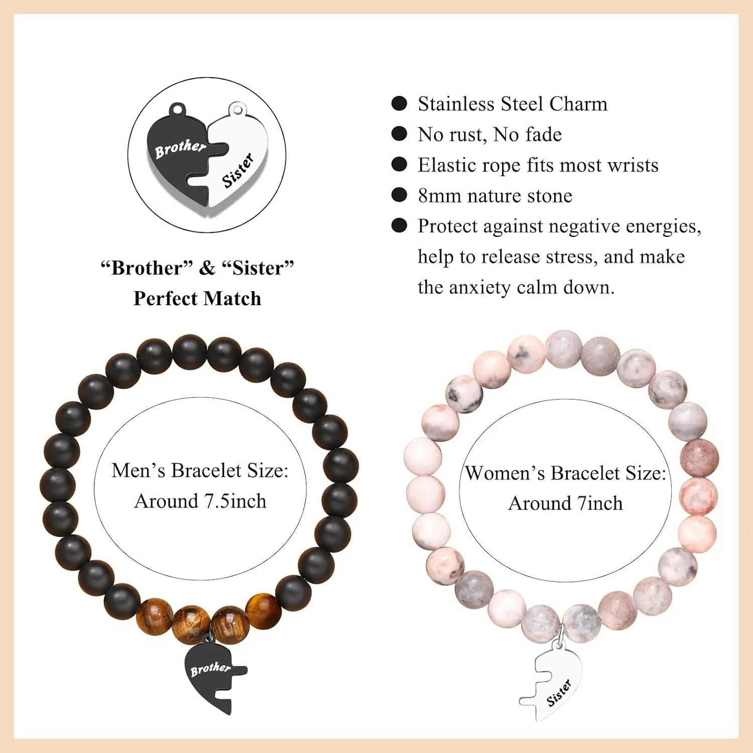 UNGENT THEM Matching Brother and Sister Bracelet Set of 2, Birthday Christmas Graduation Valentine's Day Gifts