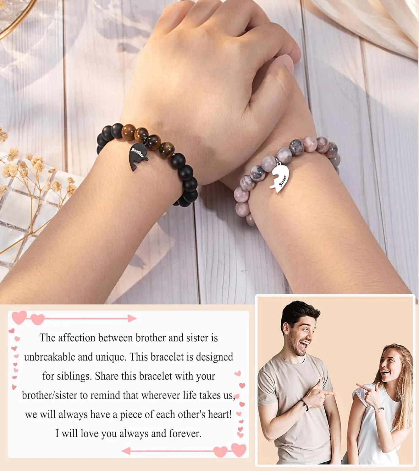UNGENT THEM Matching Brother and Sister Bracelet Set of 2, Birthday Christmas Graduation Valentine's Day Gifts
