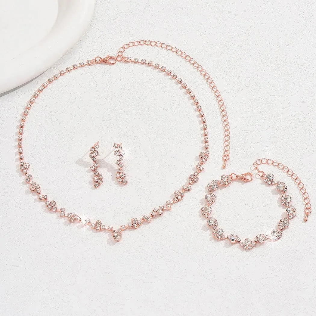 Unicra Bride Crystal Necklace Earrings Set Bridal Wedding Jewelry Sets Rhinestone Choker Necklace Costume Jewelry Set for Women and Brides (3 piece set - 2 earrings and 1 necklace)