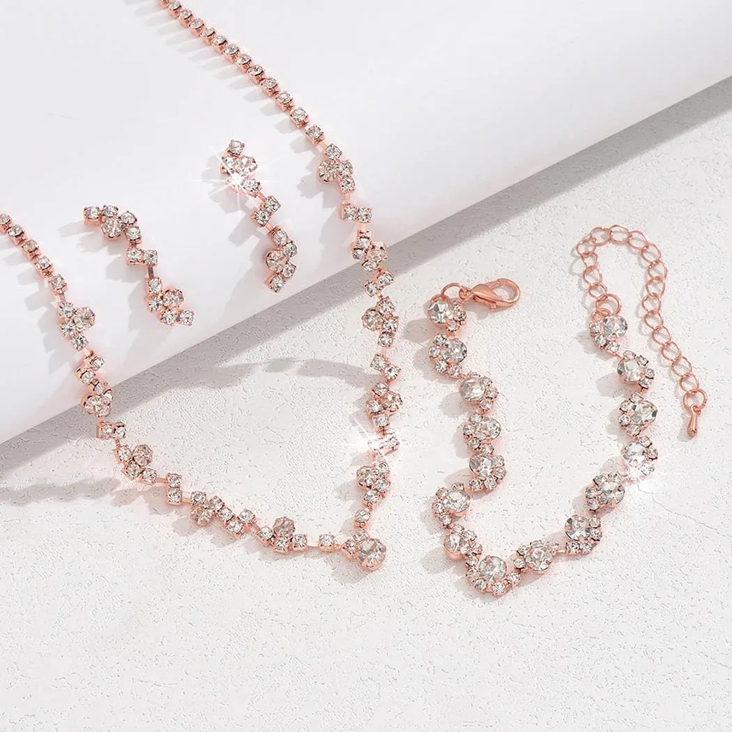 Unicra Bride Crystal Necklace Earrings Set Bridal Wedding Jewelry Sets Rhinestone Choker Necklace Costume Jewelry Set for Women and Brides (3 piece set - 2 earrings and 1 necklace)