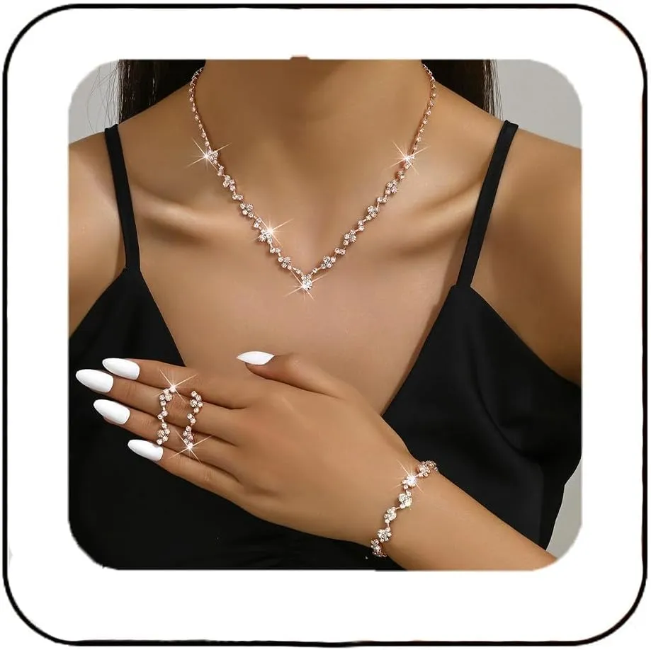 Unicra Bride Crystal Necklace Earrings Set Bridal Wedding Jewelry Sets Rhinestone Choker Necklace Costume Jewelry Set for Women and Brides (3 piece set - 2 earrings and 1 necklace)