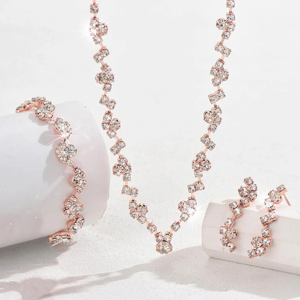 Unicra Bride Crystal Necklace Earrings Set Bridal Wedding Jewelry Sets Rhinestone Choker Necklace Costume Jewelry Set for Women and Brides (3 piece set - 2 earrings and 1 necklace)