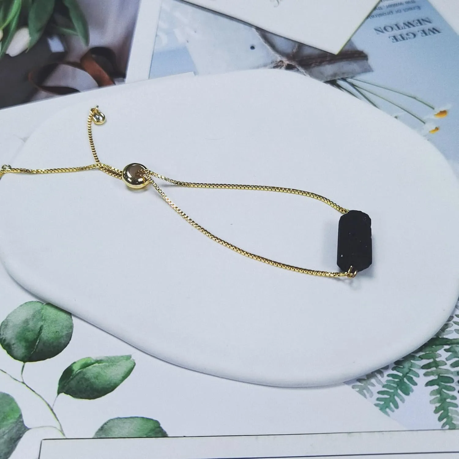 Unisex Natural Rough Black Tourmaline Mineral Precious Stone Bead Chain Bracelets with Metal Adjustable Dainty Link Good Luck Health Gift