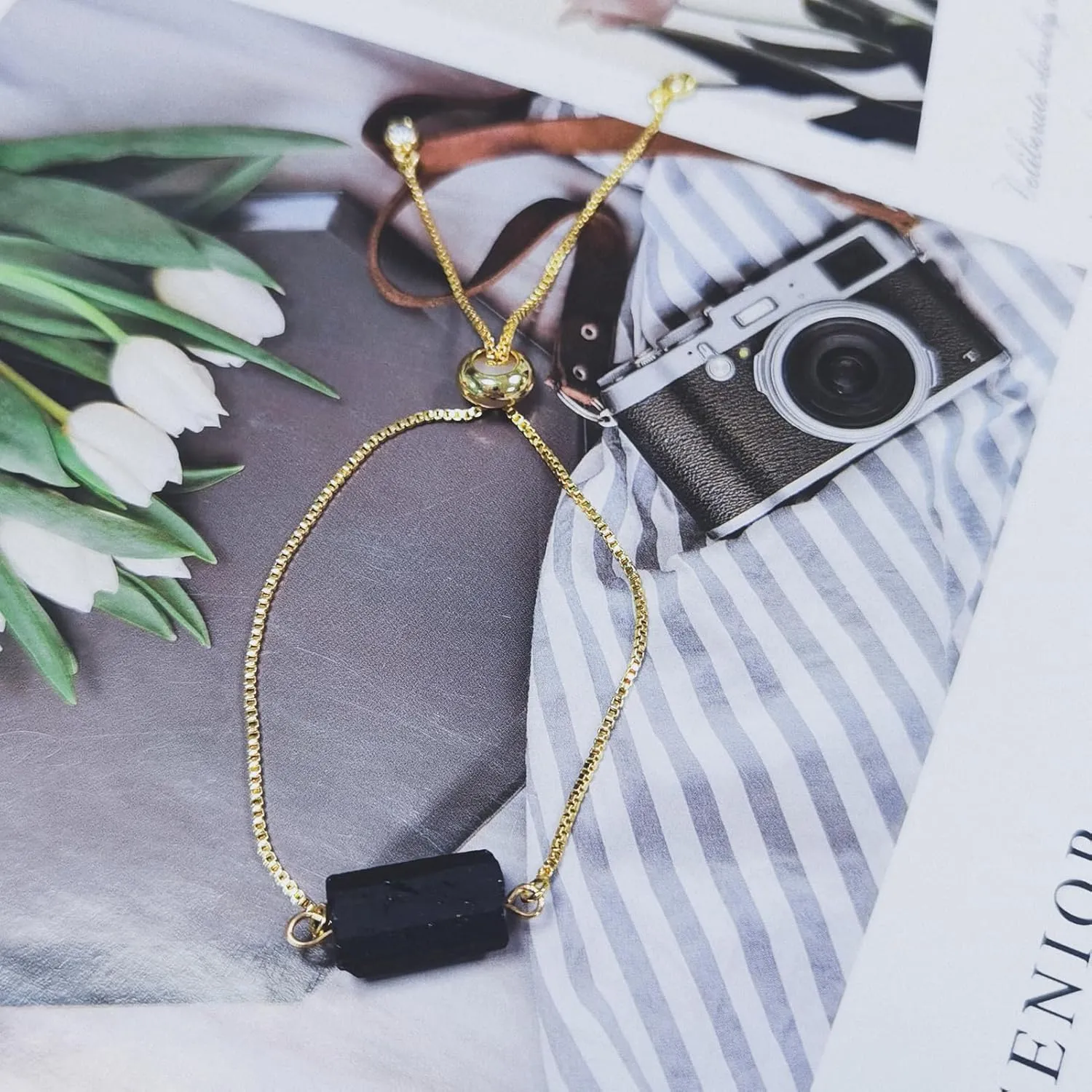 Unisex Natural Rough Black Tourmaline Mineral Precious Stone Bead Chain Bracelets with Metal Adjustable Dainty Link Good Luck Health Gift