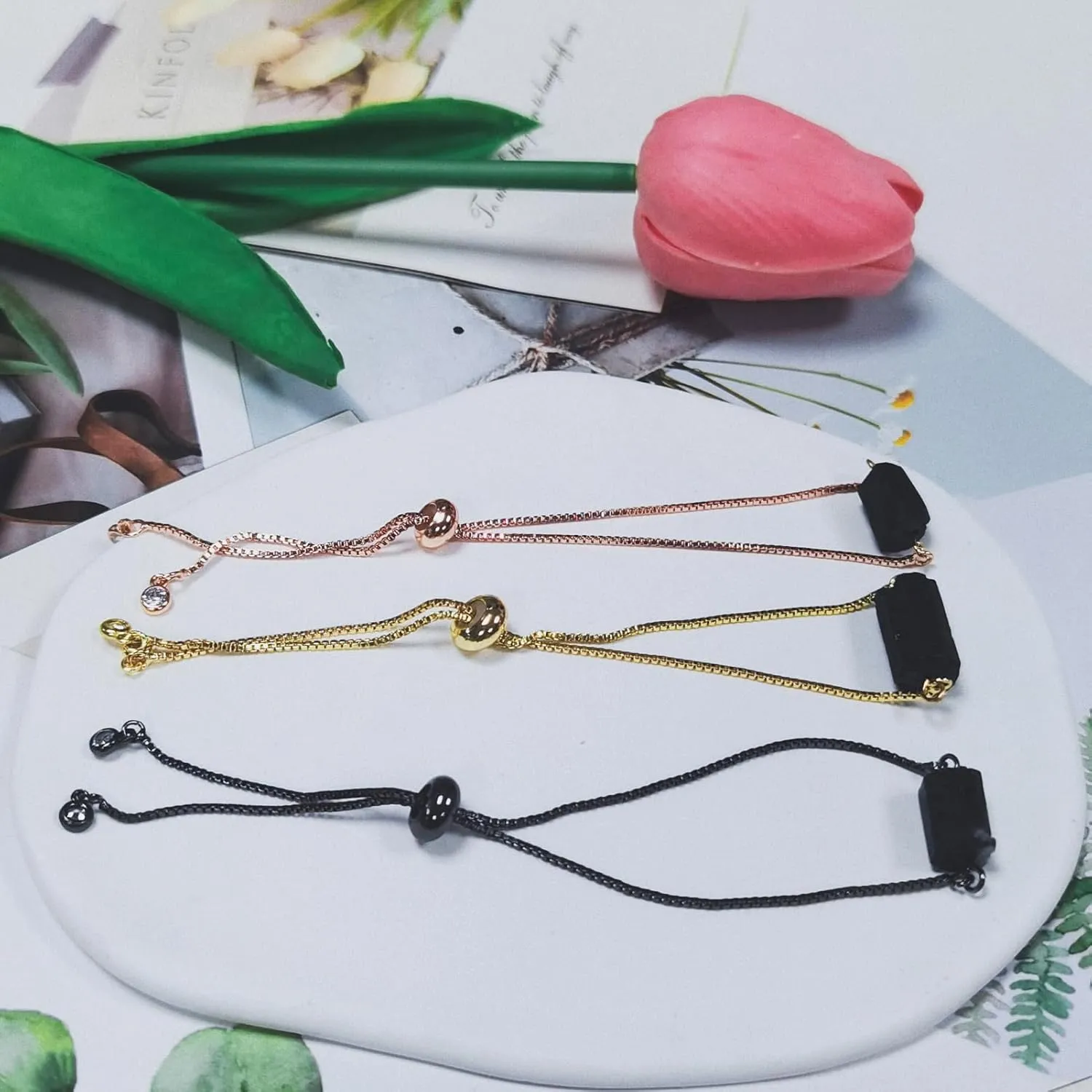 Unisex Natural Rough Black Tourmaline Mineral Precious Stone Bead Chain Bracelets with Metal Adjustable Dainty Link Good Luck Health Gift