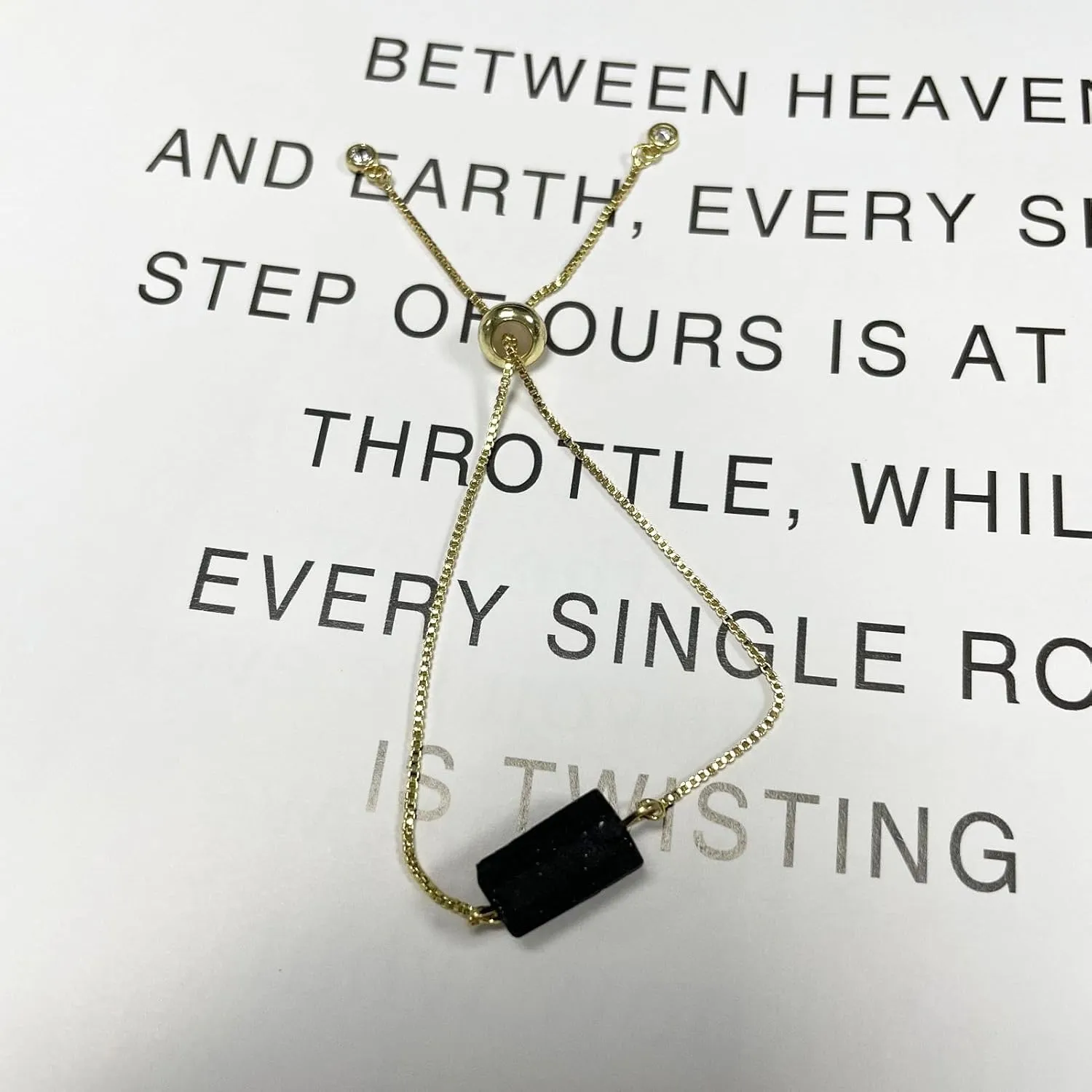 Unisex Natural Rough Black Tourmaline Mineral Precious Stone Bead Chain Bracelets with Metal Adjustable Dainty Link Good Luck Health Gift