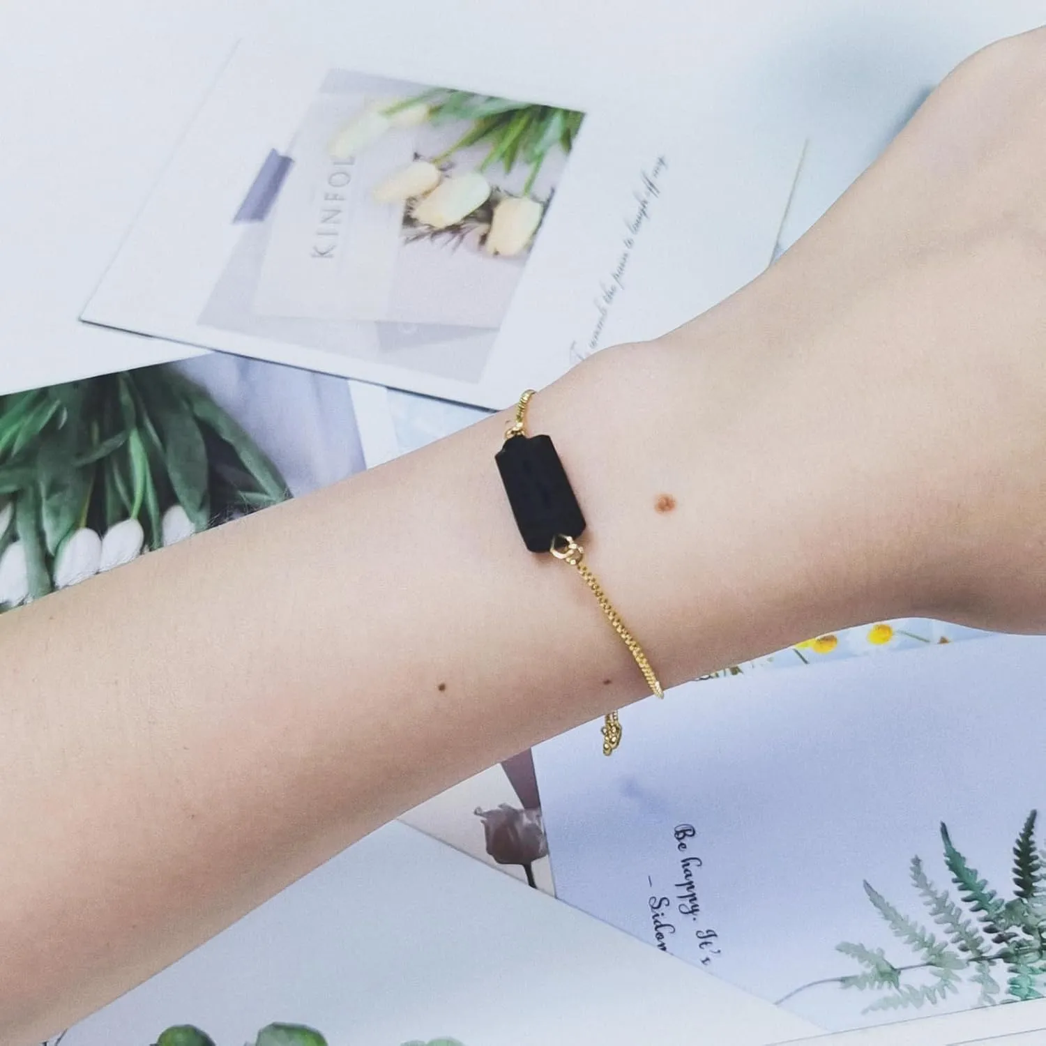 Unisex Natural Rough Black Tourmaline Mineral Precious Stone Bead Chain Bracelets with Metal Adjustable Dainty Link Good Luck Health Gift