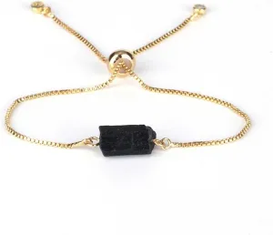 Unisex Natural Rough Black Tourmaline Mineral Precious Stone Bead Chain Bracelets with Metal Adjustable Dainty Link Good Luck Health Gift