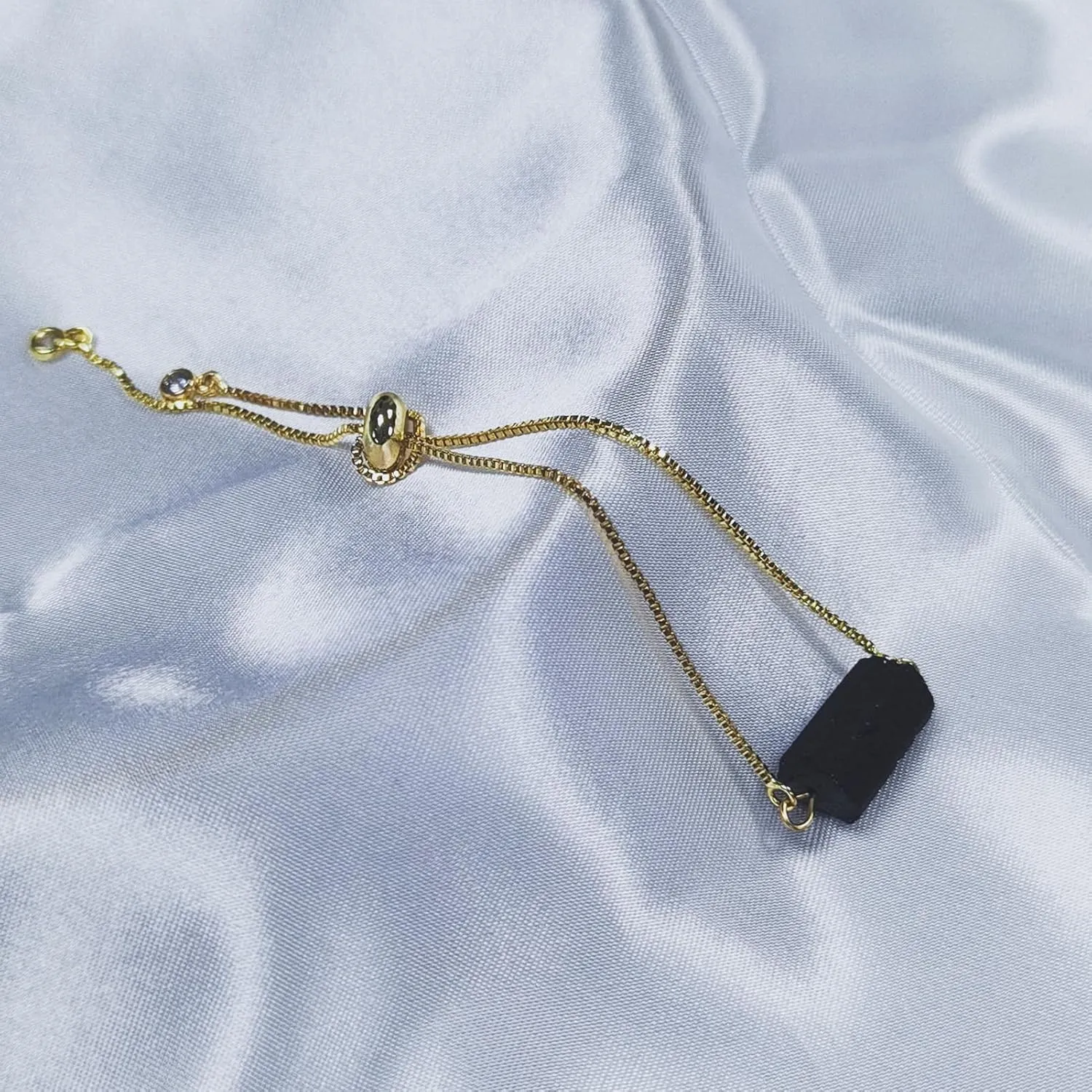 Unisex Natural Rough Black Tourmaline Mineral Precious Stone Bead Chain Bracelets with Metal Adjustable Dainty Link Good Luck Health Gift
