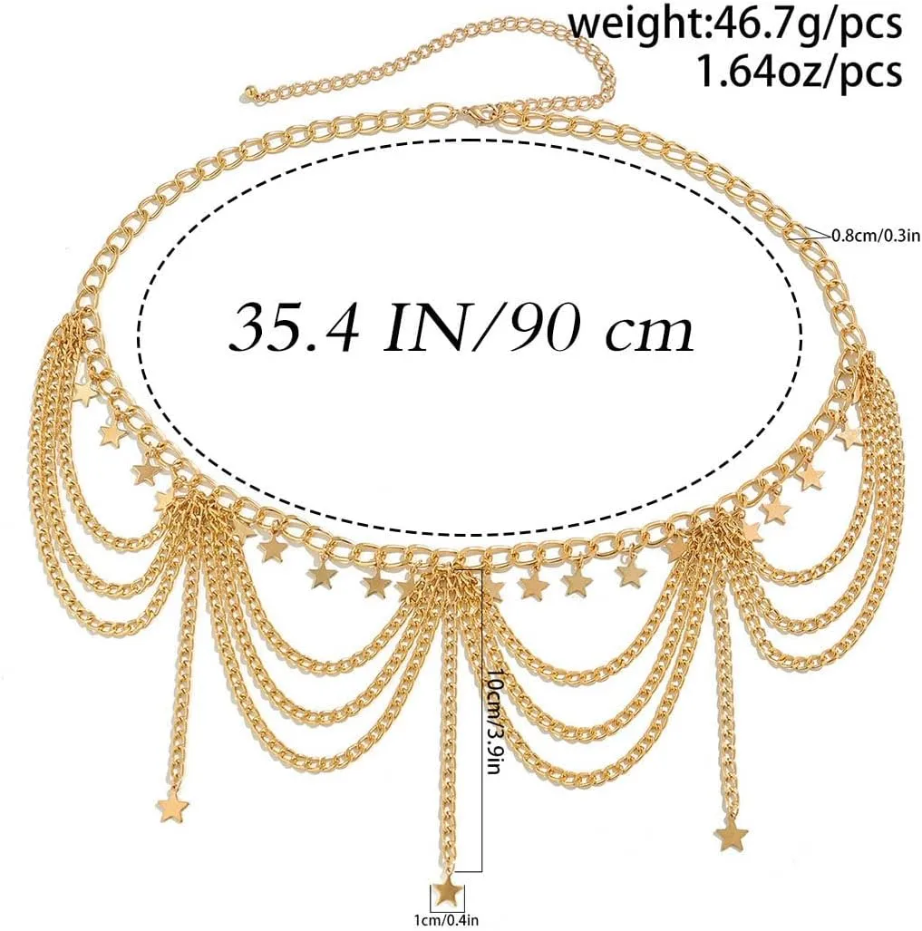 Uranian Gold Waist Chain Belt Layered Belly Chain Butterfly Star Tassel Multi Layer Chain Belts Beach Body Jewelry for Women