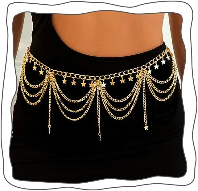 Uranian Gold Waist Chain Belt Layered Belly Chain Butterfly Star Tassel Multi Layer Chain Belts Beach Body Jewelry for Women