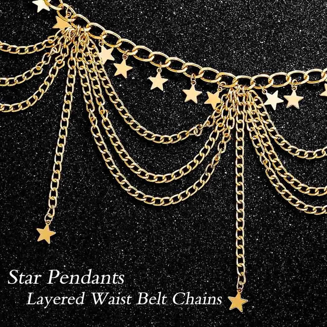 Uranian Gold Waist Chain Belt Layered Belly Chain Butterfly Star Tassel Multi Layer Chain Belts Beach Body Jewelry for Women