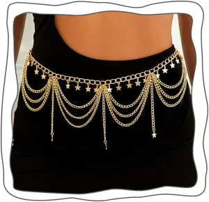 Uranian Gold Waist Chain Belt Layered Belly Chain Butterfly Star Tassel Multi Layer Chain Belts Beach Body Jewelry for Women