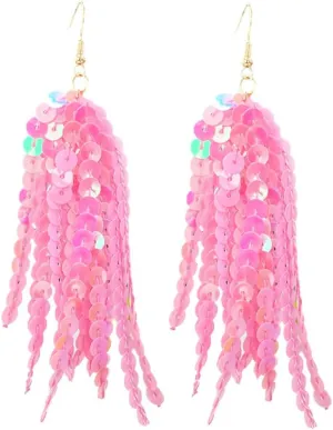 Valentine's Day Sparkle Sequins Tassel Dangle Earrings for Women Hot Pink Glitter Round Chips Tassel Drop Earrings Valentine's Day Couple Jewelry Gift