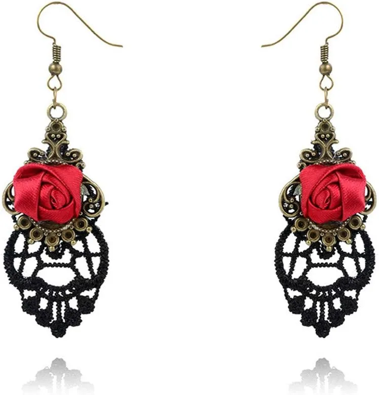 Vampire Earrings for Women Vintage Black Lace Red Rose Flower Dangle Earrings Gothic Punk Rhinestone Tassel Drop Earrings Halloween Party Jewelry Gift