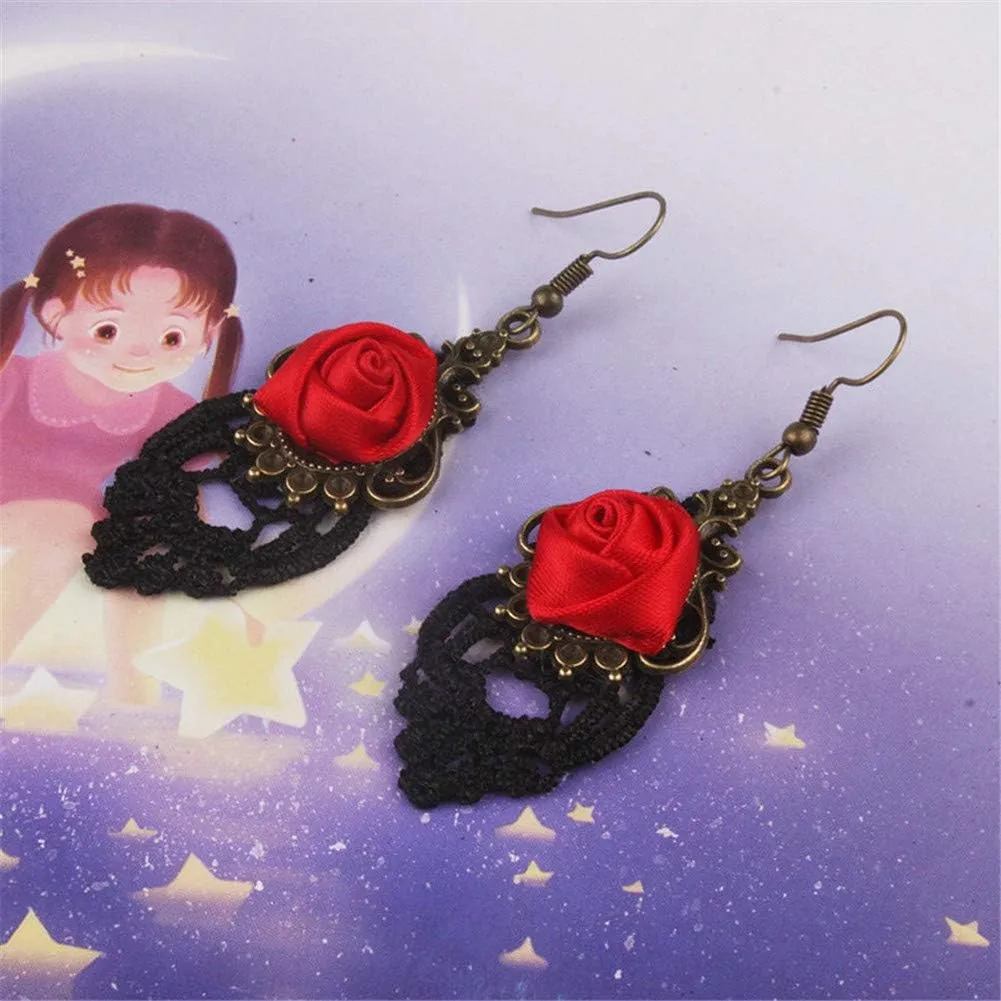 Vampire Earrings for Women Vintage Black Lace Red Rose Flower Dangle Earrings Gothic Punk Rhinestone Tassel Drop Earrings Halloween Party Jewelry Gift