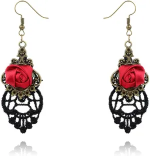 Vampire Earrings for Women Vintage Black Lace Red Rose Flower Dangle Earrings Gothic Punk Rhinestone Tassel Drop Earrings Halloween Party Jewelry Gift