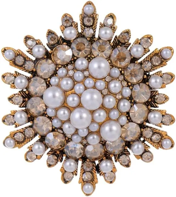 Vintage Pearl Flower Brooch Pin for Women Crystal Rhinestone Sunflower Lapel Pins Clothing Dress Shawl Scarf Sweater Cardigan for Prom Wedding Xmas Party