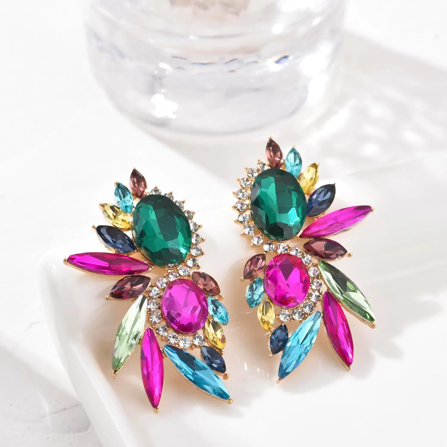 Vintage Rhinestone Statement Earrings Fancy Crystal Cluster Drop Dangle Earrings for Women