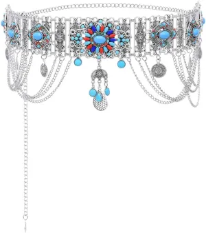 Vintage Silver Coin Chain Blue Imitation Turquoise Flower Waist Baby Chains Bohemian Dance Party Belt Body Jewelry