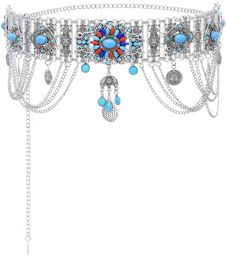 Vintage Silver Coin Chain Blue Imitation Turquoise Flower Waist Baby Chains Bohemian Dance Party Belt Body Jewelry