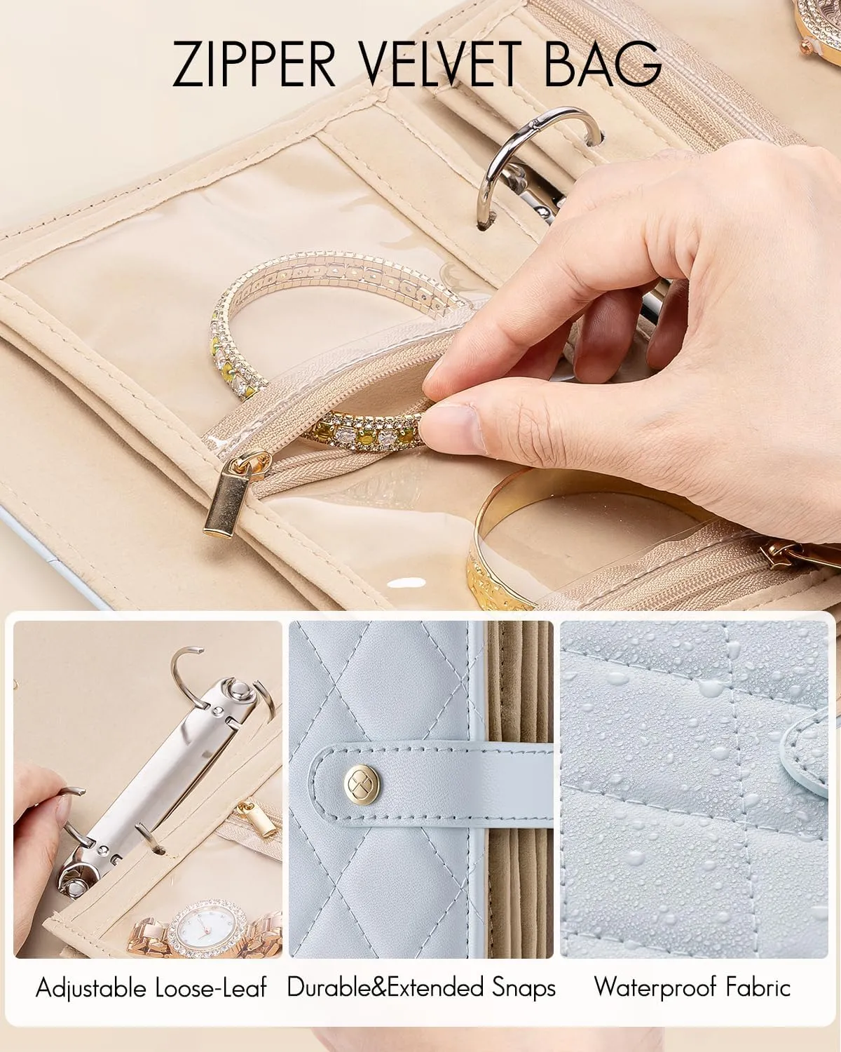 Vlando Travel Jewelry Organizer Case, Foldable Jewelry Bags Jewelry Storage Book Ring Binder with Clear Zipper Velvet Pouch Bag for Travel Essentials,Rings,Necklace,Earrings,Bracelets-Blue
