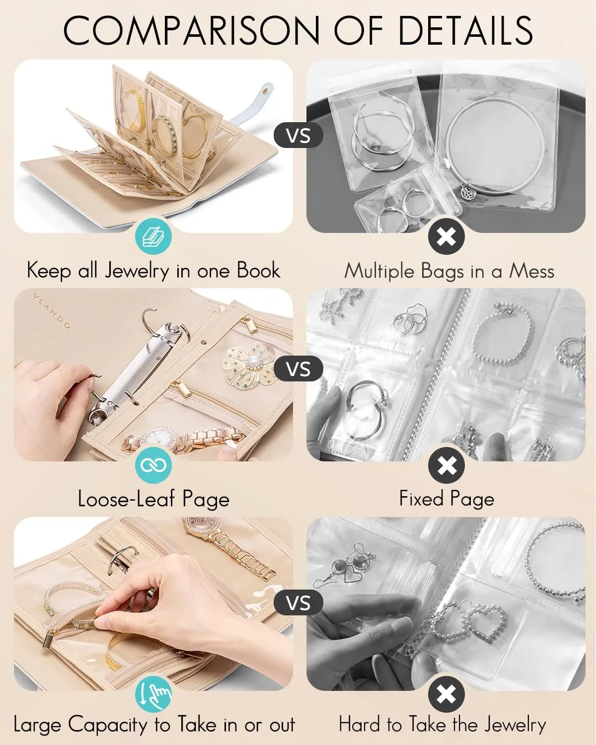 Vlando Travel Jewelry Organizer Case, Foldable Jewelry Bags Jewelry Storage Book Ring Binder with Clear Zipper Velvet Pouch Bag for Travel Essentials,Rings,Necklace,Earrings,Bracelets-Blue
