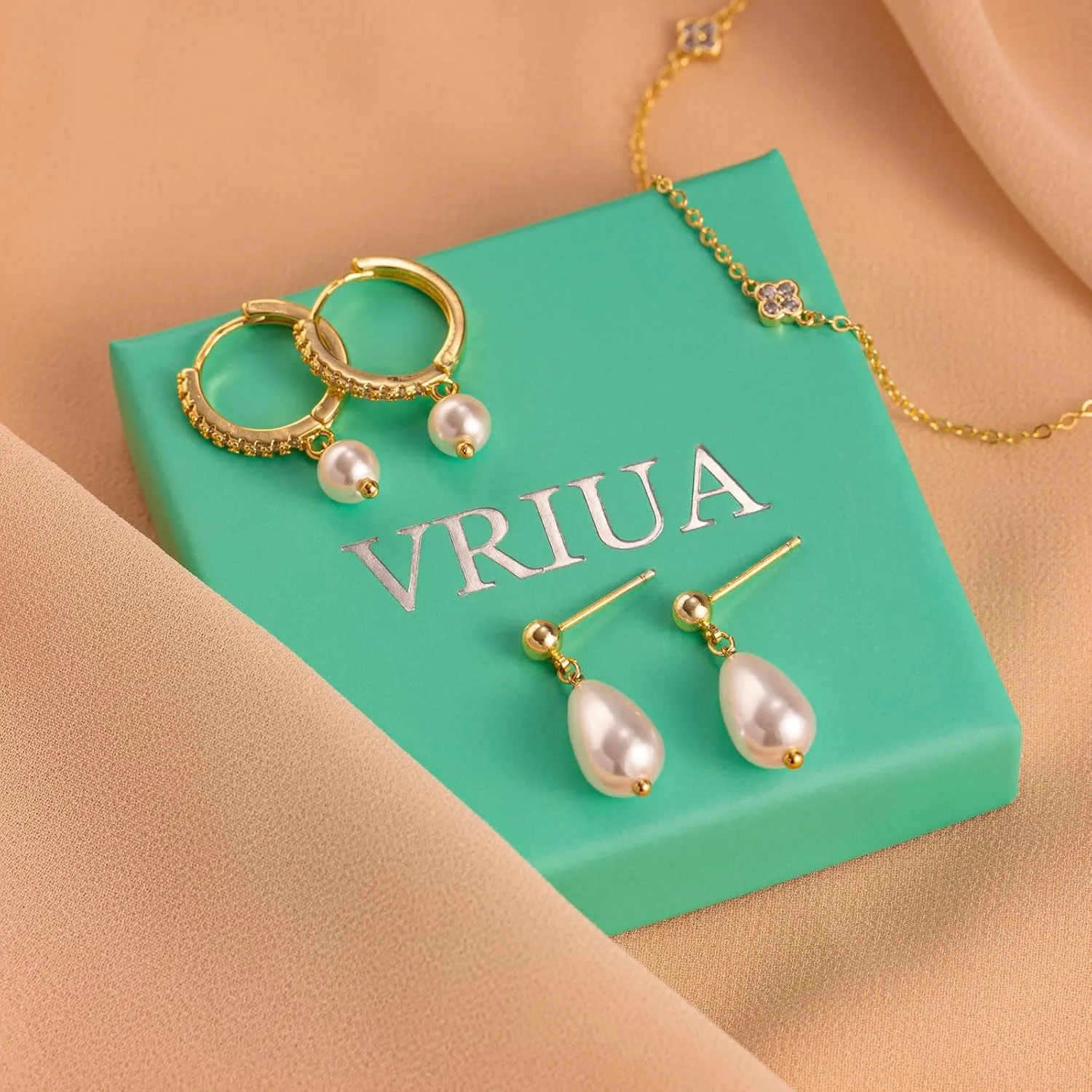VRIUA Pearl Earrings for Women - 14K Gold Plated Dainty Pearl Dangle Earrings Small Huggie Hoop Drop Earrings for Women Trendy Gold Wedding Bridal Earrings for Women