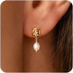 VRIUA Pearl Earrings for Women - 14K Gold Plated Dainty Pearl Dangle Earrings Small Huggie Hoop Drop Earrings for Women Trendy Gold Wedding Bridal Earrings for Women
