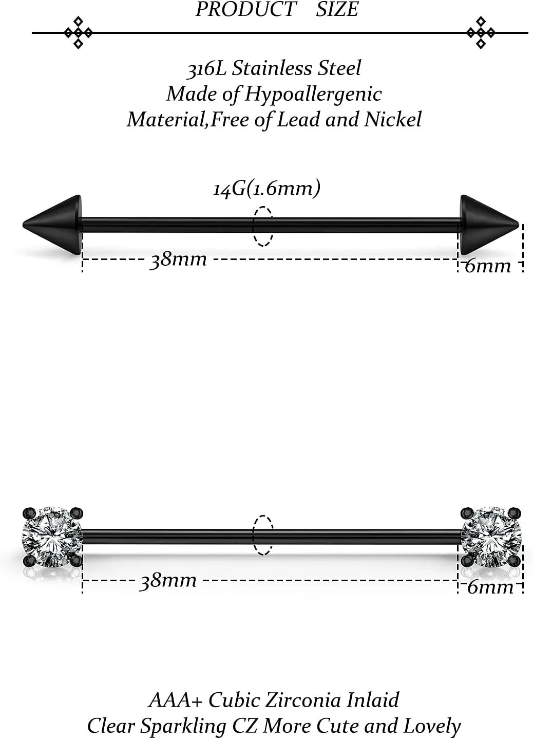 Vsnnsns 14G Surgical Steel Industrial Earrings with Cubic Zirconia Barbell Piercing Spike for Women & Men