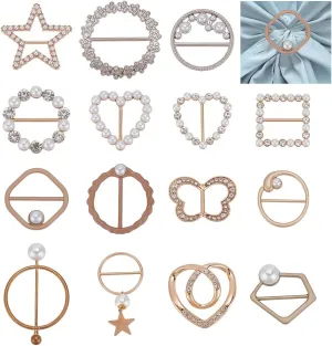 WADORN 15 Style Scarf Tie Buckle Rings for Women, 15pcs Alloy Round T-Shirt Clips Buckle Pearls Rhinestone Clips for Clothes Corner Knotted Button for Women Strap Belt Decorative Accessories