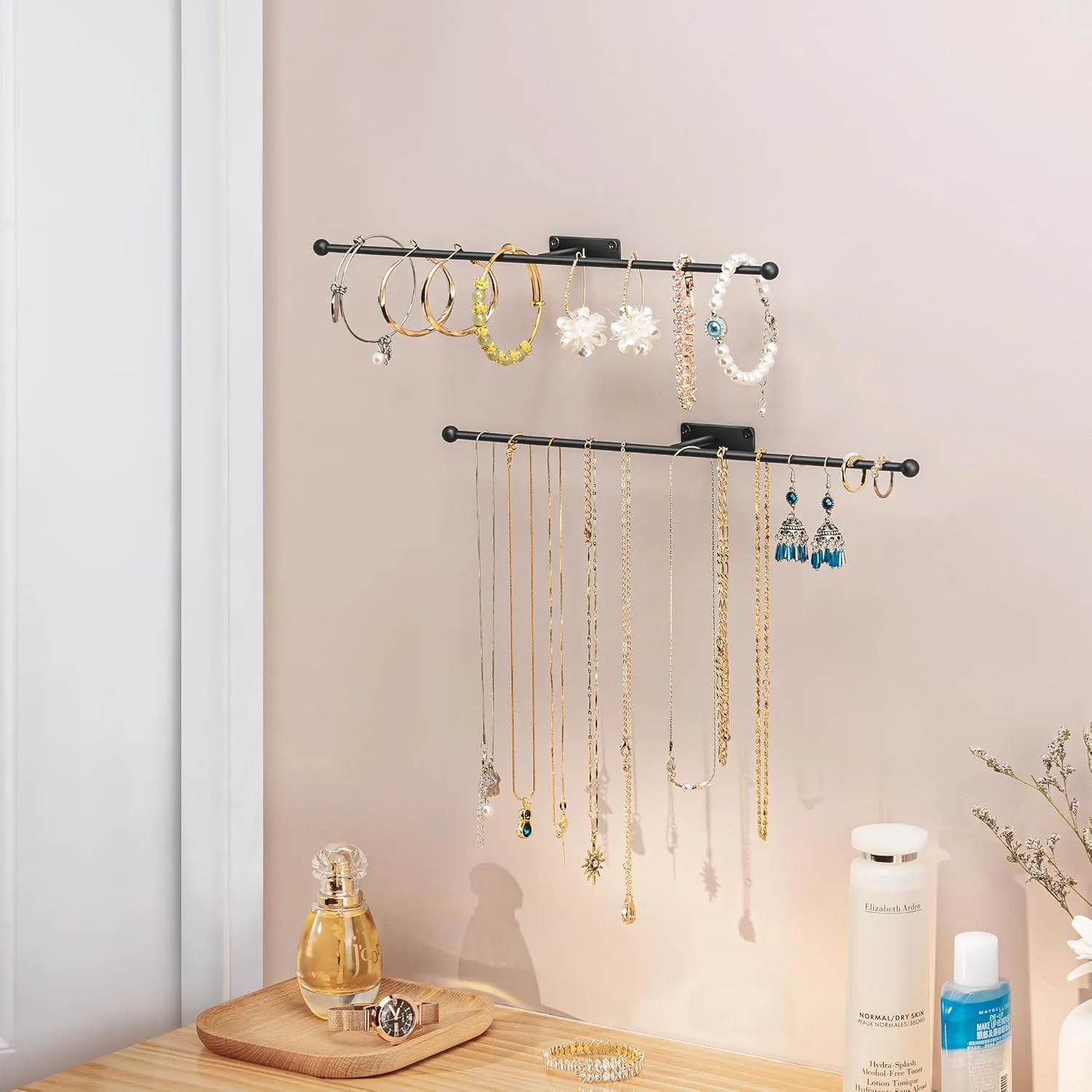 Wall Hanging Jewelry Organizer: 12.6'' Necklace Holder for Earring, Bracelet, Rings, Hairband, Glasses, Black 2-Pack, Screws Included