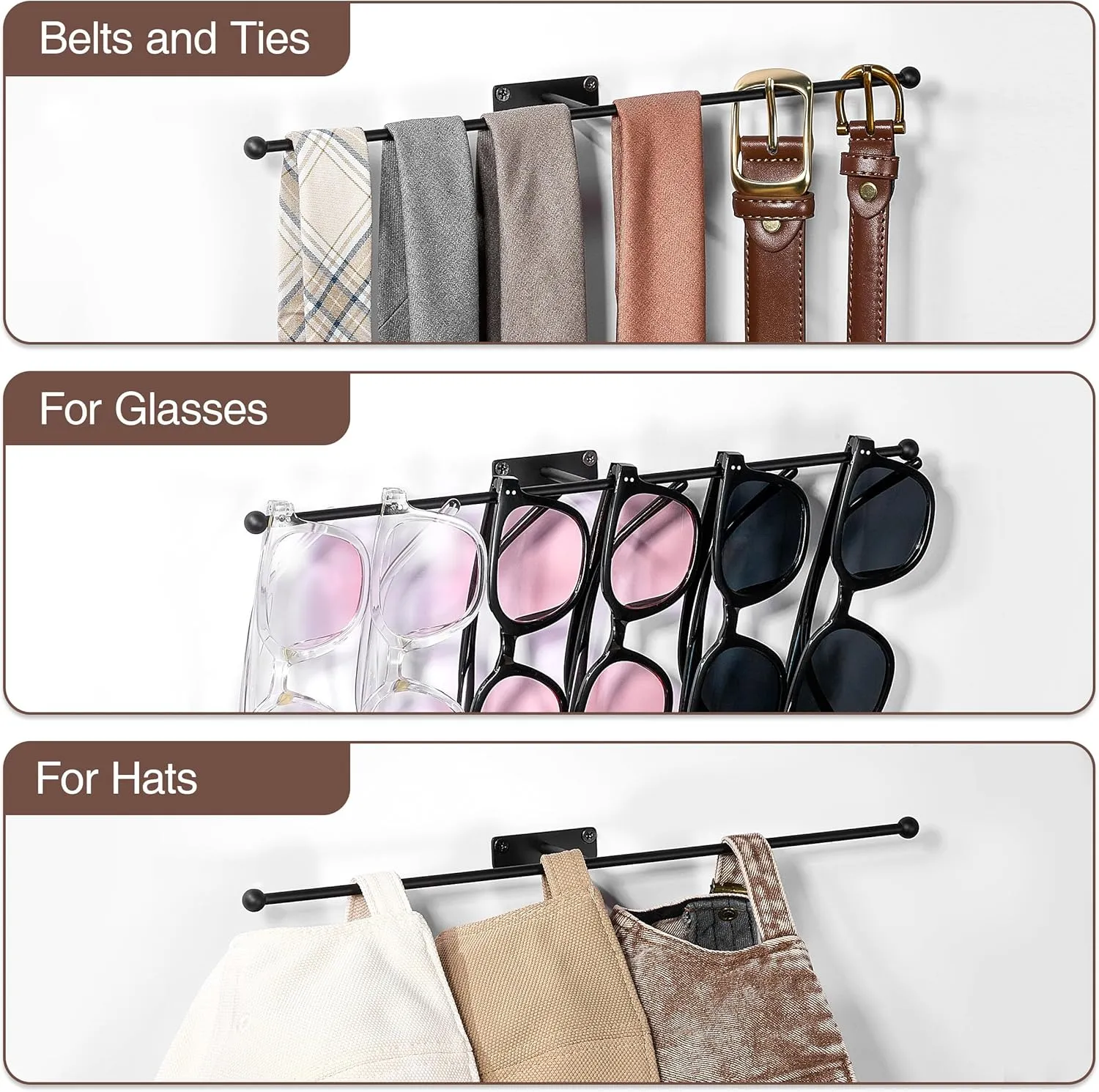 Wall Hanging Jewelry Organizer: 12.6'' Necklace Holder for Earring, Bracelet, Rings, Hairband, Glasses, Black 2-Pack, Screws Included