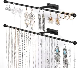 Wall Hanging Jewelry Organizer: 12.6'' Necklace Holder for Earring, Bracelet, Rings, Hairband, Glasses, Black 2-Pack, Screws Included