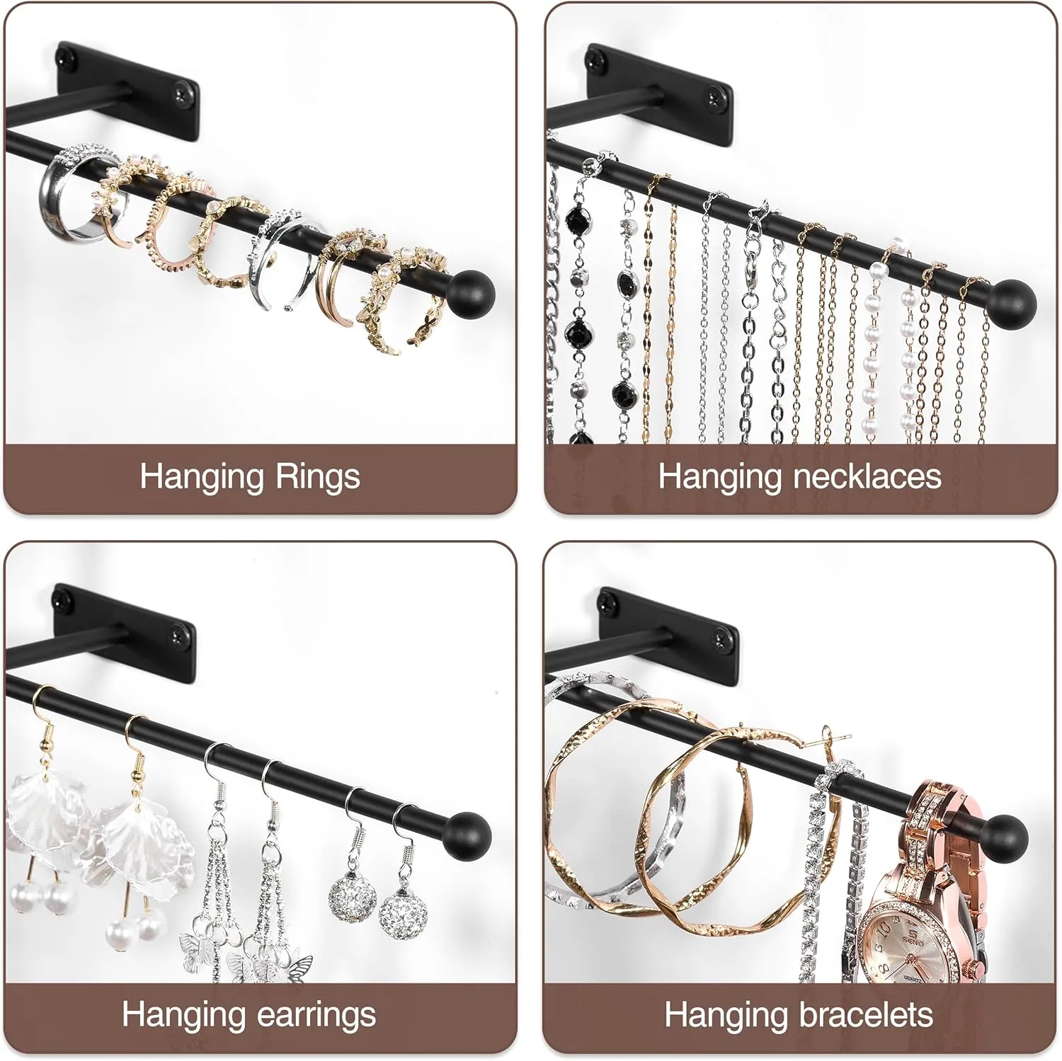 Wall Hanging Jewelry Organizer: 12.6'' Necklace Holder for Earring, Bracelet, Rings, Hairband, Glasses, Black 2-Pack, Screws Included