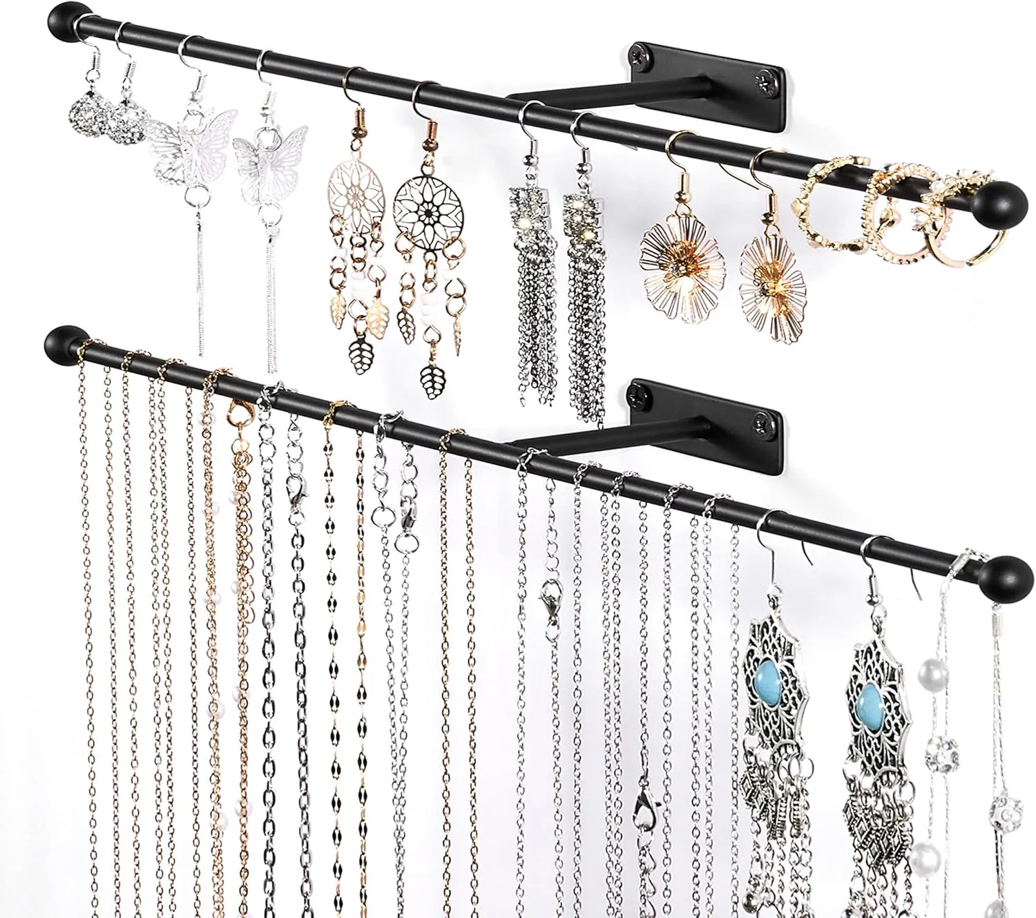Wall Hanging Jewelry Organizer: 12.6'' Necklace Holder for Earring, Bracelet, Rings, Hairband, Glasses, Black 2-Pack, Screws Included