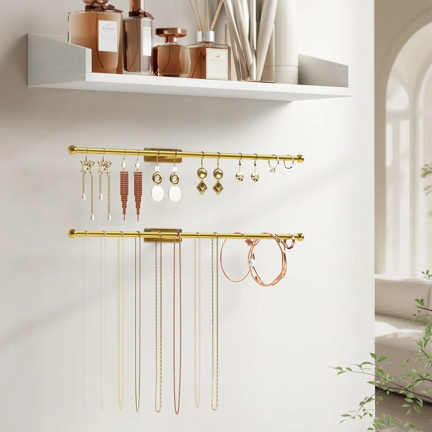 Wall Hanging Jewelry Organizer: 12.6'' Necklace Holder for Earring, Bracelet, Rings, Hairband, Glasses, Gold 2-Pack, Screws Included