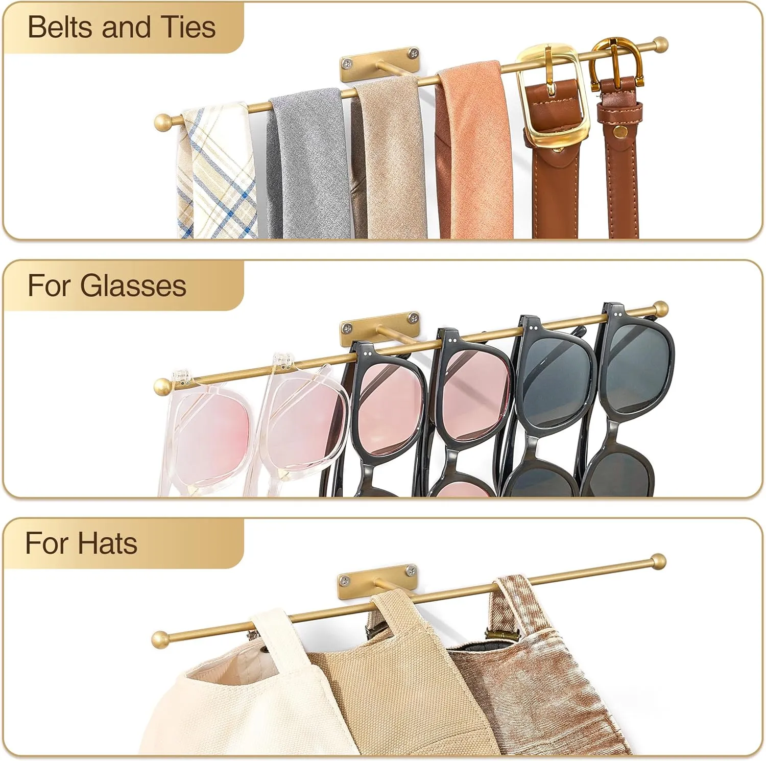 Wall Hanging Jewelry Organizer: 12.6'' Necklace Holder for Earring, Bracelet, Rings, Hairband, Glasses, Gold 2-Pack, Screws Included
