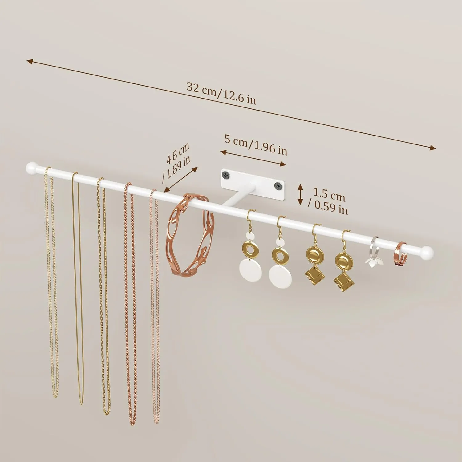 Wall Hanging Jewelry Organizer: 12.6'' Necklace Holder for Earring, Bracelet, Rings, Hairband, Glasses, White 1-Pack, Screws Included