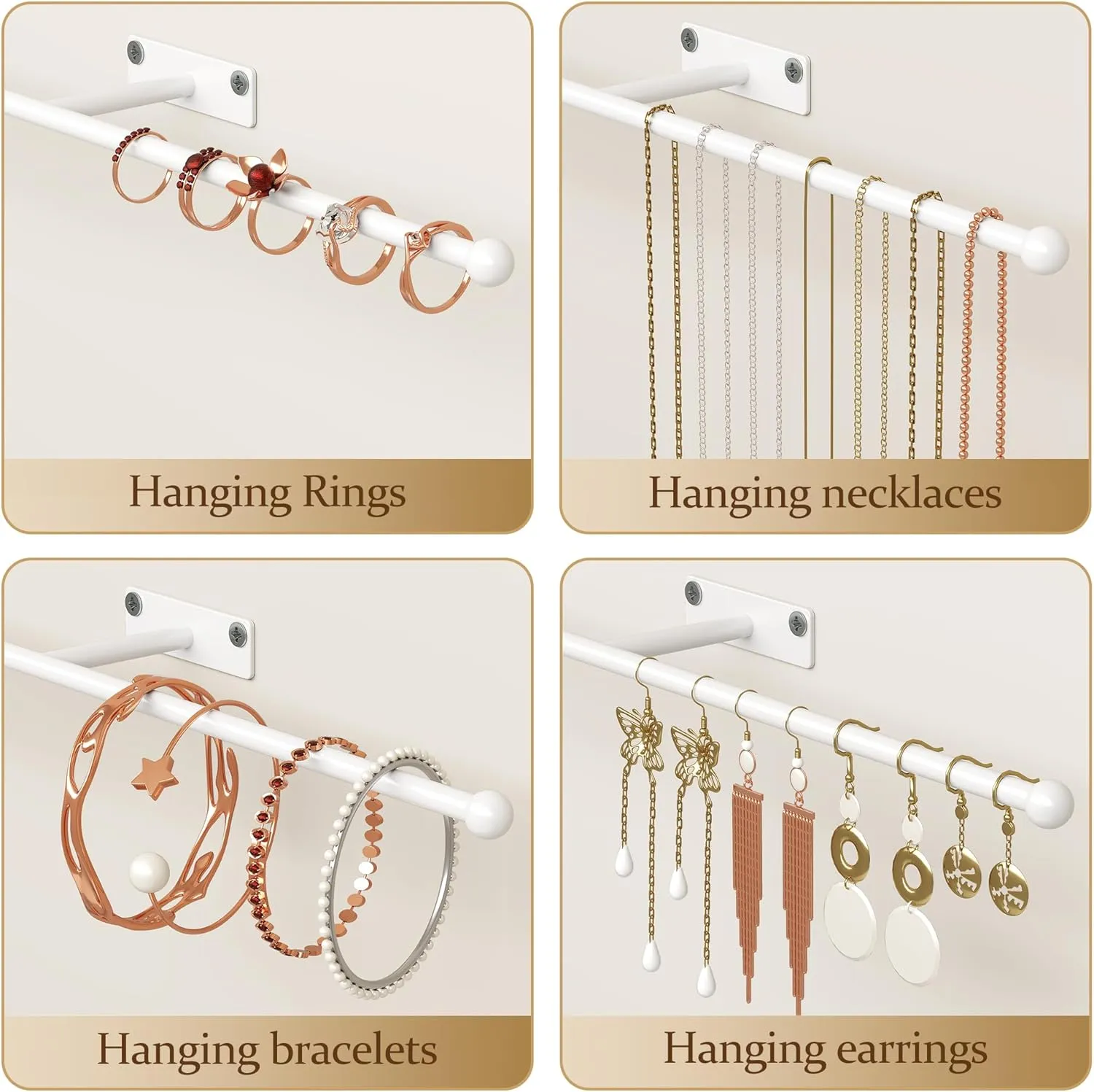 Wall Hanging Jewelry Organizer: 12.6'' Necklace Holder for Earring, Bracelet, Rings, Hairband, Glasses, White 1-Pack, Screws Included