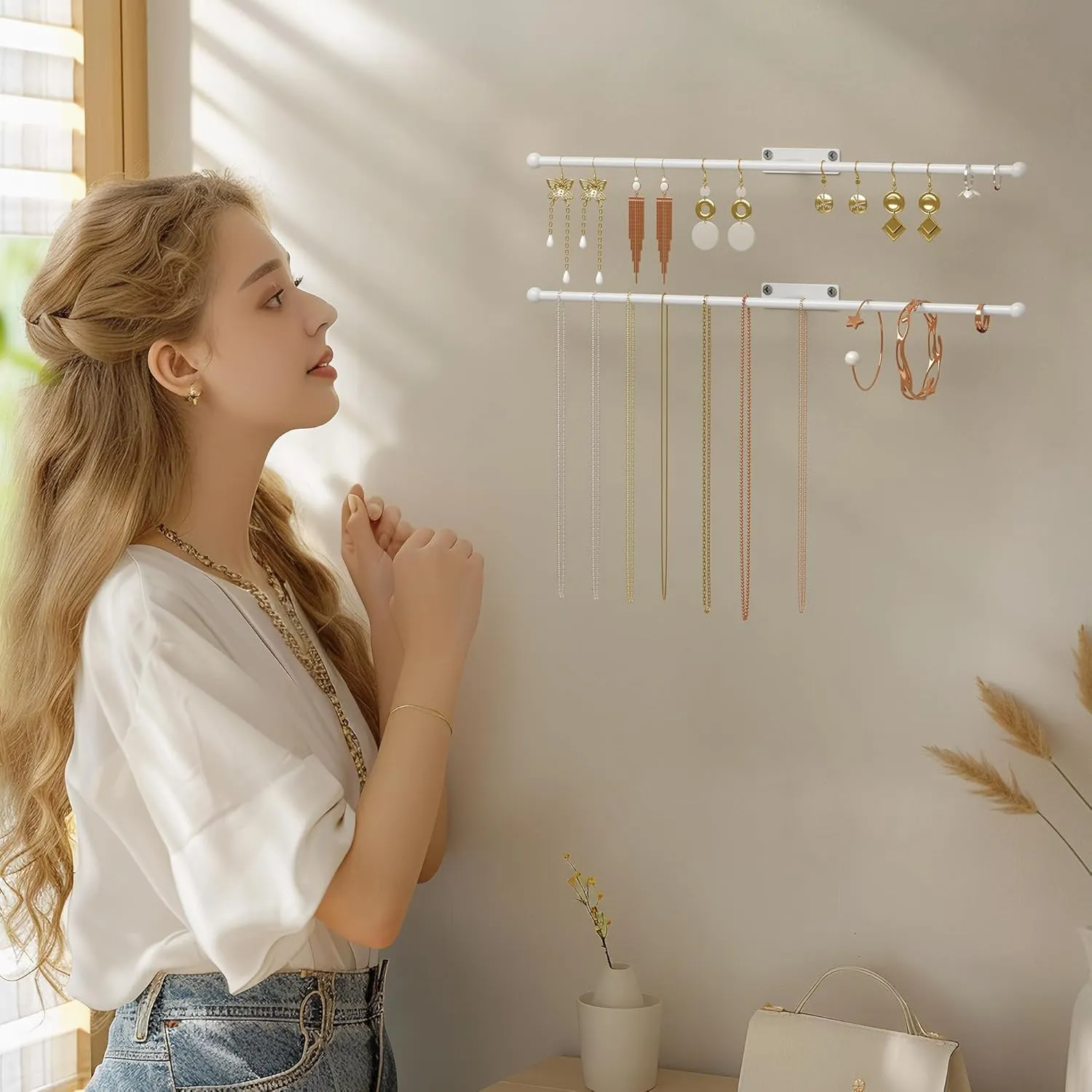 Wall Hanging Jewelry Organizer: 12.6'' Necklace Holder for Earring, Bracelet, Rings, Hairband, Glasses, White 1-Pack, Screws Included