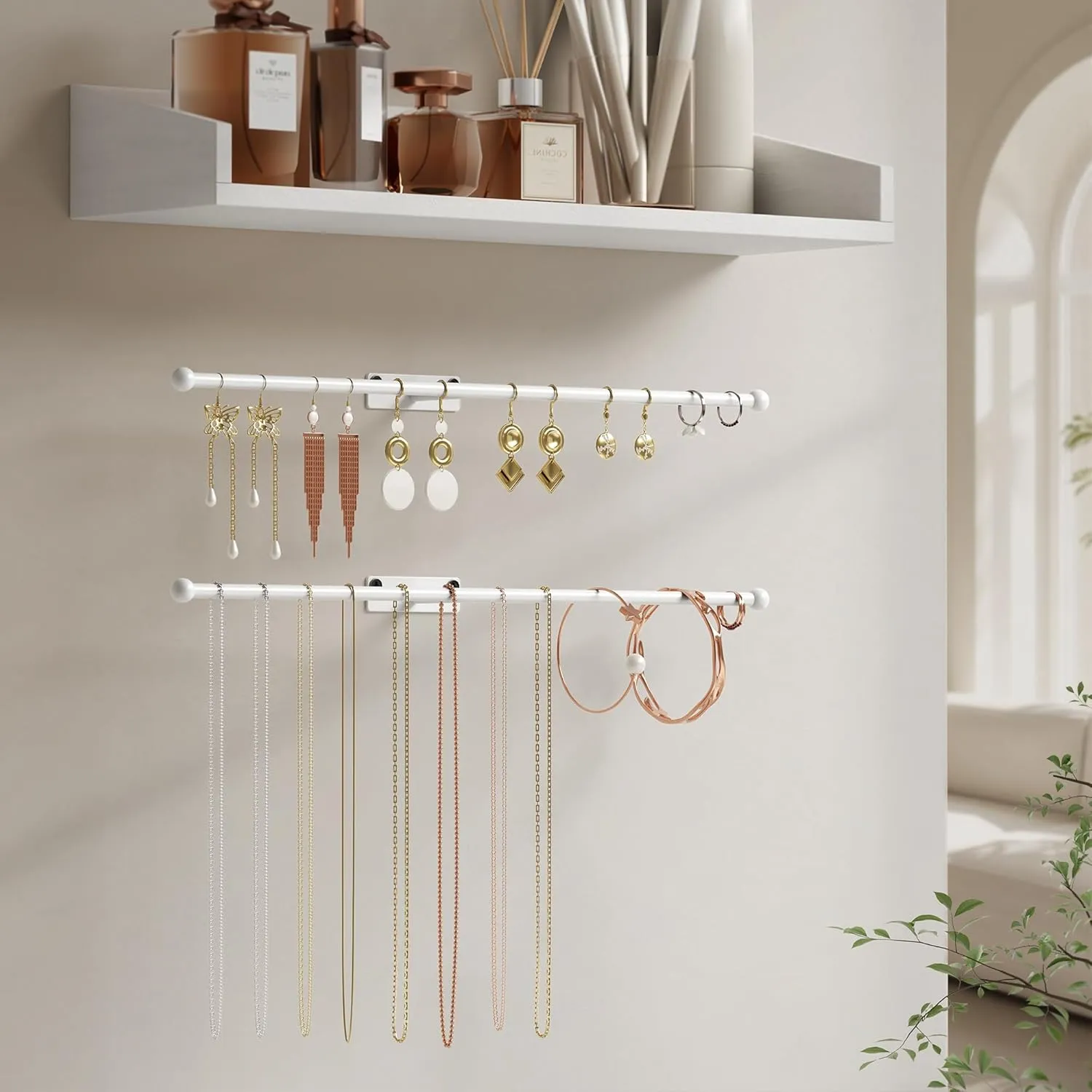 Wall Hanging Jewelry Organizer: 12.6'' Necklace Holder for Earring, Bracelet, Rings, Hairband, Glasses, White 1-Pack, Screws Included
