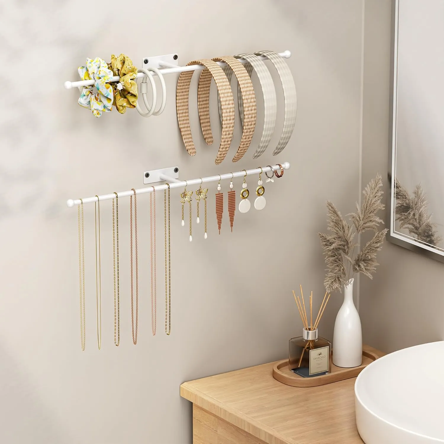 Wall Hanging Jewelry Organizer: 12.6'' Necklace Holder for Earring, Bracelet, Rings, Hairband, Glasses, White 1-Pack, Screws Included