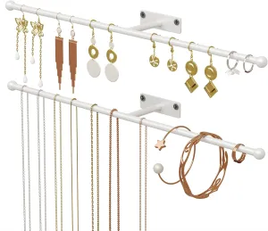 Wall Hanging Jewelry Organizer: 12.6'' Necklace Holder for Earring, Bracelet, Rings, Hairband, Glasses, White 2-Pack, Screws Included