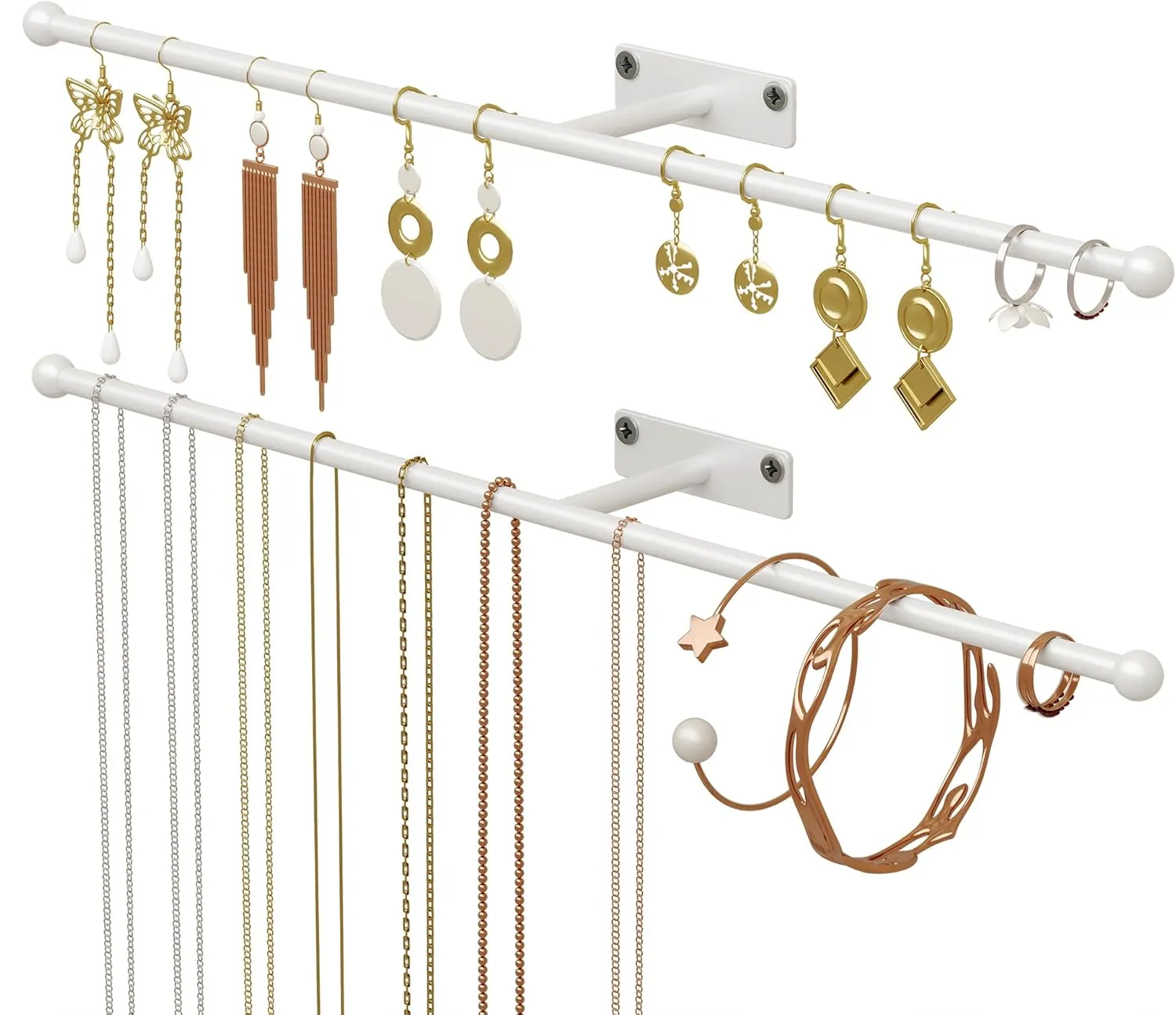Wall Hanging Jewelry Organizer: 12.6'' Necklace Holder for Earring, Bracelet, Rings, Hairband, Glasses, White 2-Pack, Screws Included