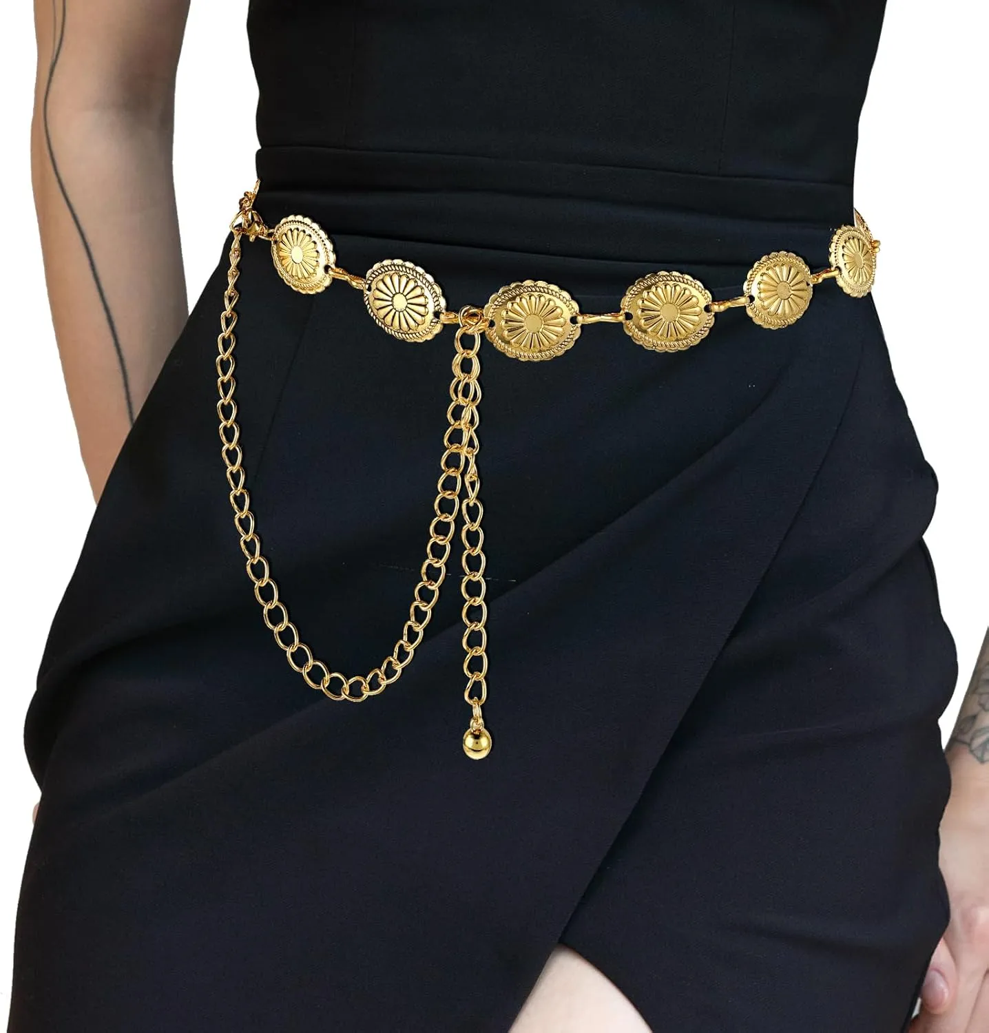 Western Metal Concho Belt, Hollow Out Daisy Chain Belt Adjustable Boho Waist Chain Country Concert Outfit for Dress