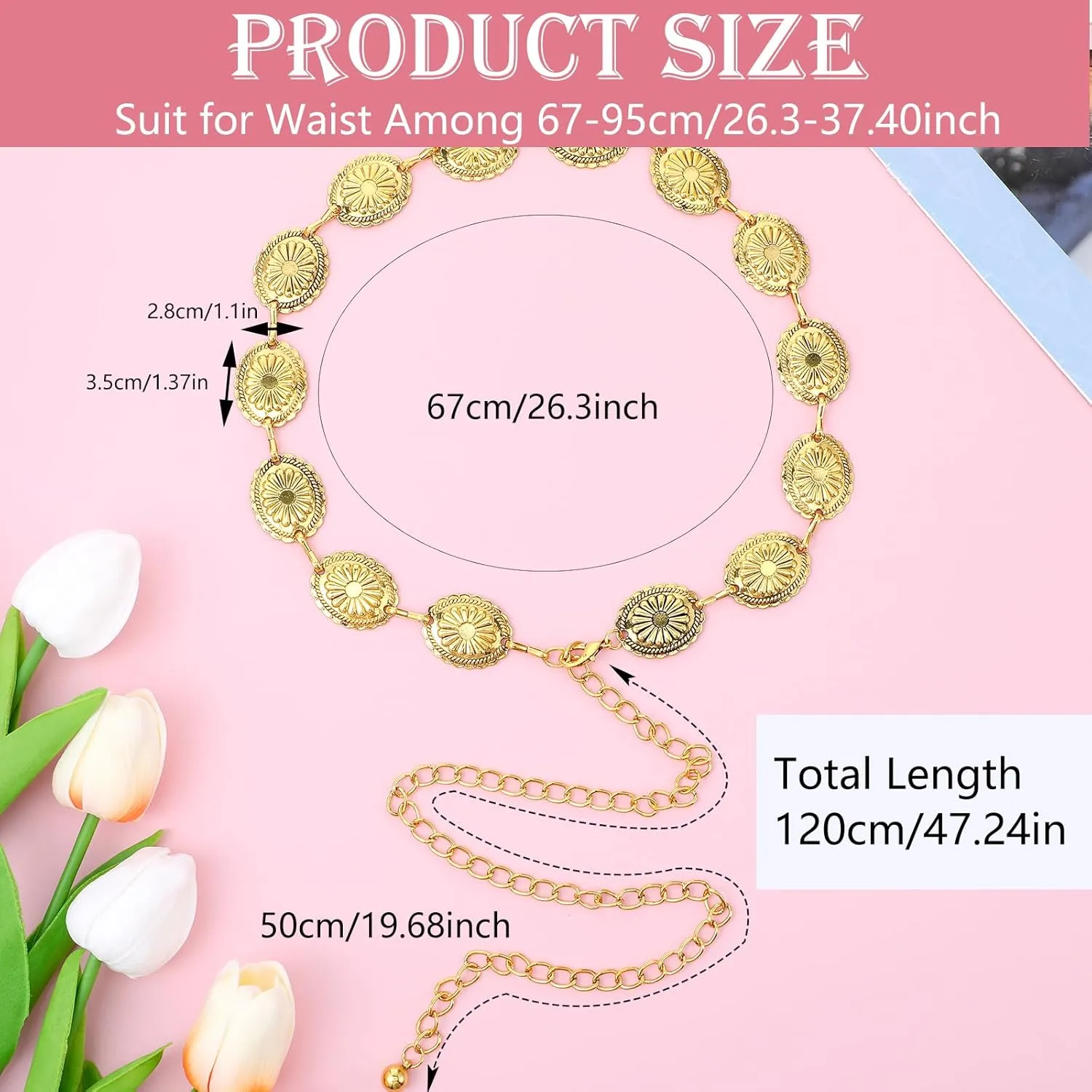 Western Metal Concho Belt, Hollow Out Daisy Chain Belt Adjustable Boho Waist Chain Country Concert Outfit for Dress